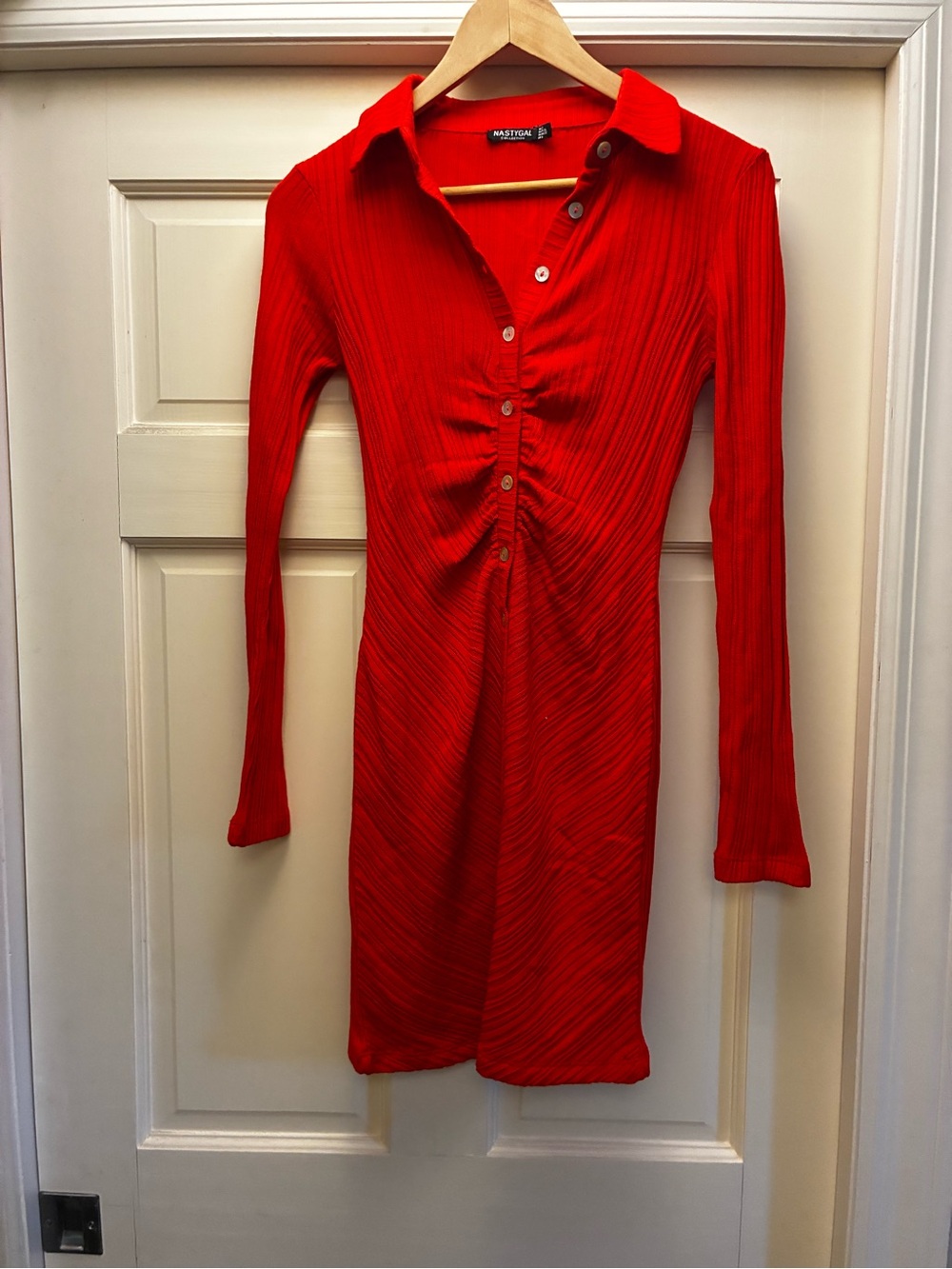 Nasty Gal Vibrant Red Ribbed Button-Front Long Sleeve Dress
